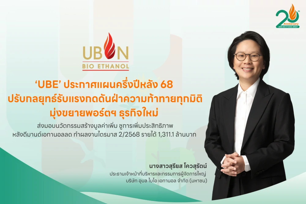 ‘UBE’ ประกาศแผนครึ่งปีหลัง 68 ปรับกลยุทธ์รับแรงกดดันฝ่าความท้าทายทุกมิติ มุ่งขยายพอร์ตฯ ธุรกิจใหม่ ส่งมอบนวัตกรรมสร้างมูลค่าเพิ่ม ชูการเพิ่มประสิทธิภาพ หลังดีมานด์เอทานอลลด ทำผลงานไตรมาส 2/2568 รายได้ 1,311.1 ล้านบาท